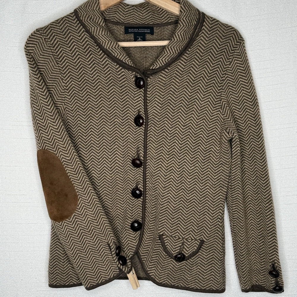 VTG Banana Republic Merino Wool Herringbone Riding Blazer Elbow Patches Women PS - Picture 1 of 12